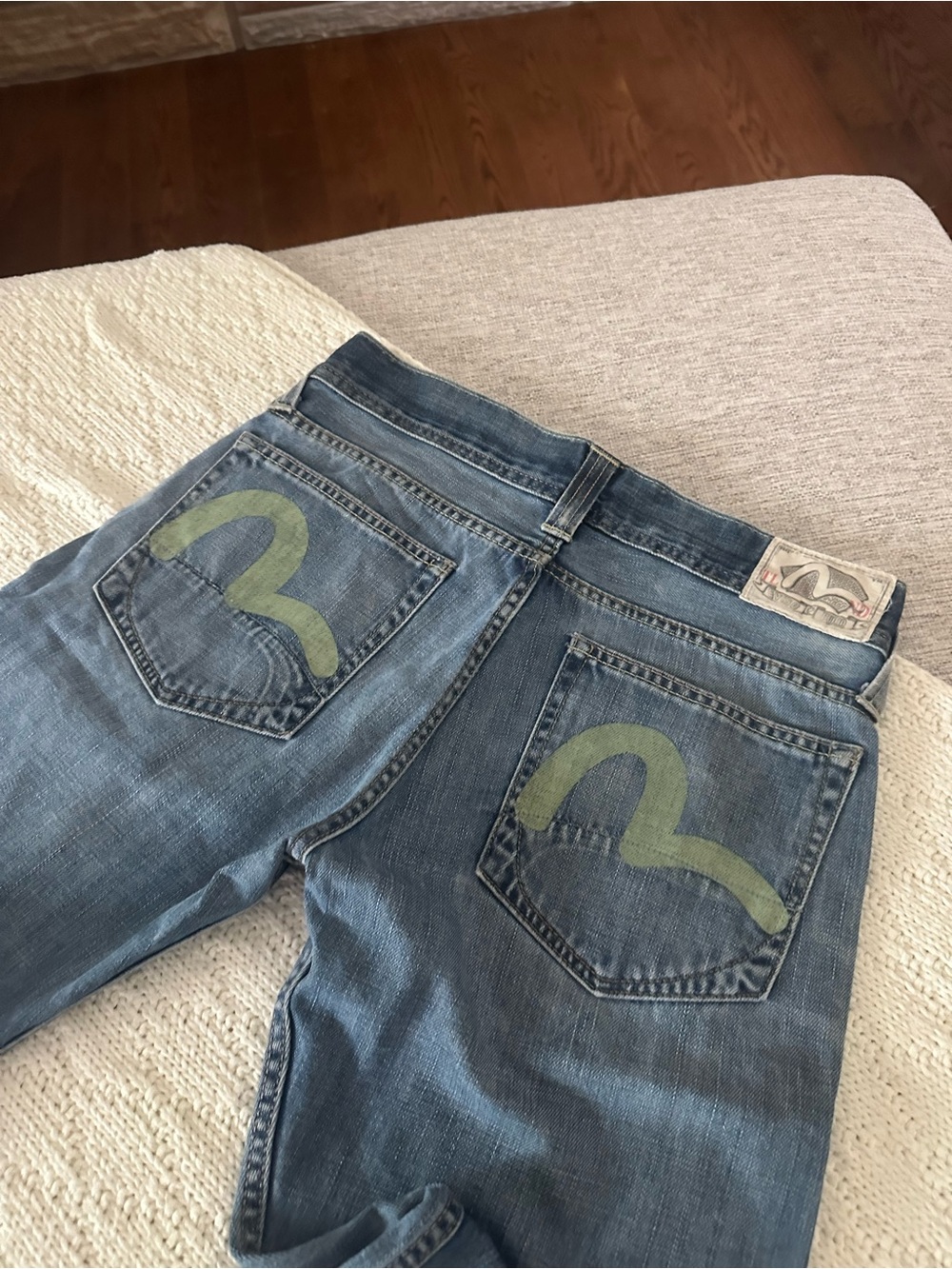 Evisu Men's Straight Jeans in Faded Blue with Green Back Pocket Detail - Picture 2 of 6